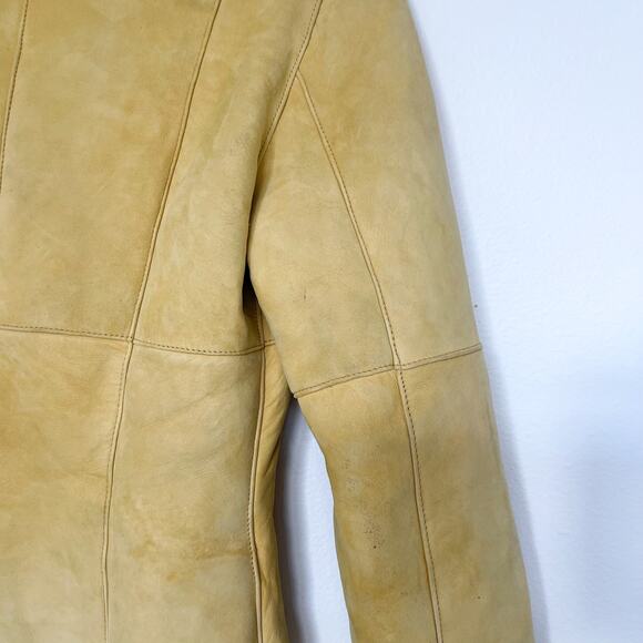 New Label SheepSkin Cream Yellow Leather Button Up shearling Jacket - Picture 10 of 15
